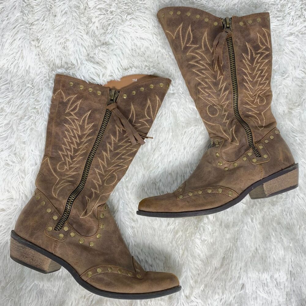 Coconuts by Matisse Womens Brown Faux Leather Pirate Western Studded Boots 7